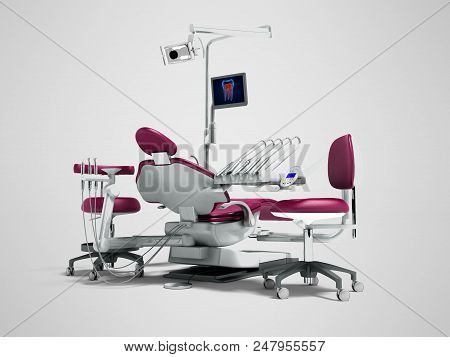 Modern Cherry Dental Chair And Borax With Backlight And Monitor For Work On 3d Render On Gray Backgr