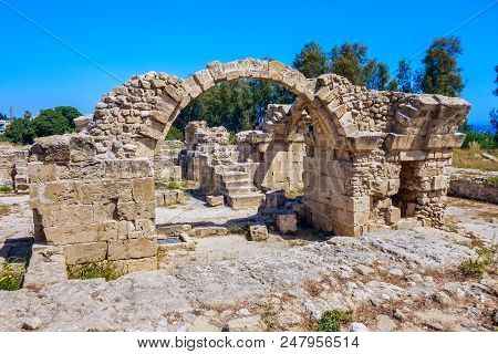 Ruins Of Ancient Greek Temple, Saranda Kolones. Archaeological Park At Kato Paphos. Paphos, Cyprus