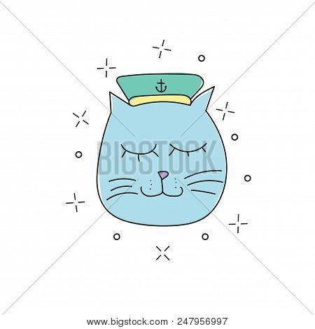 Hand Drawn Vector Illustration Of A Funny Sailor Cat In A Cap, Collar. Isolated Objects On White Bac