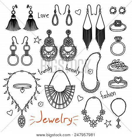 Set Of Hand Drawn Women Accessories. Jewelry