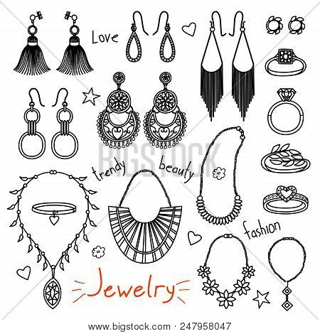 Set Of Hand Drawn Women Accessories. Jewelry