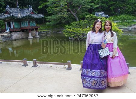 Seoul - May 10 : Korean Women Wearing Hanbok Dress In Seoul Korea On May 10 2018. Hanbok Is A Korean