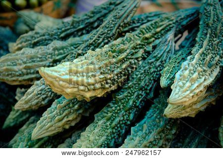 Fresh Indian Kakdi Cuccumbers Lying On Market Stall, Close-up Side View