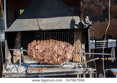 Turkish Cag Kebab On Pole In Horizontal Position