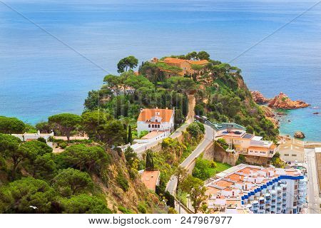 Convent Of Blanes On Top Of Punta Santa Anna. Architecture Of Spanish Beach Resort Blanes In Summert