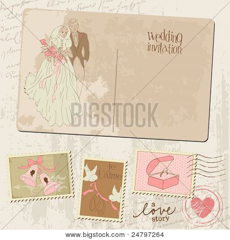 โบราณโปสการ์ดและแสตมป์ชุด - ออกแบบงานแต่งงาน เชิญ อวยพร Scrapbook