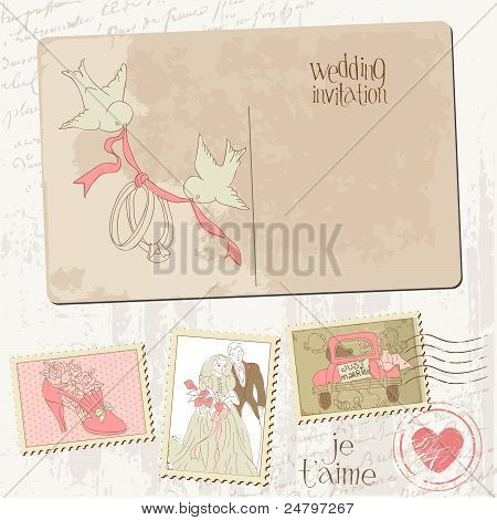 โบราณโปสการ์ดและแสตมป์ชุด - ออกแบบงานแต่งงาน เชิญ อวยพร Scrapbook