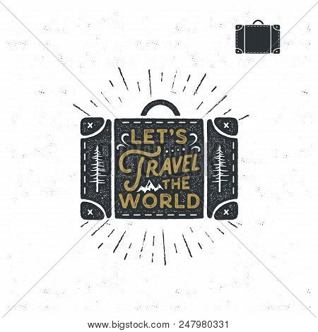 Vintage Hand Drawn Camp Bag With Sunbursts, Trees And Typography Quote - Let's Travel The World. Ret
