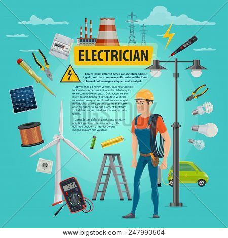 Electrician Man And Electricity Repair Work Tools Poster. Vector Electrician Profession And Power Re