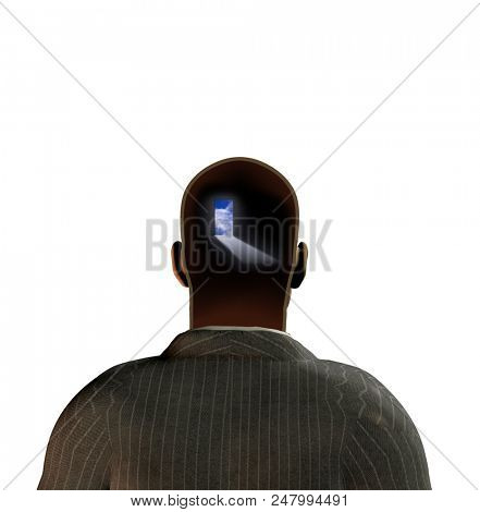 Man with door in mind. 3D rendering