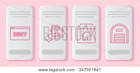 Set Line Hanging Sign With Text Online Rent, Realtor, Cardboard Box With House And Warehouse. White 