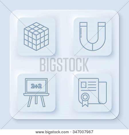 Set Line Rubik Cube, Magnet, Chalkboard And Certificate Template. White Square Button. Vector