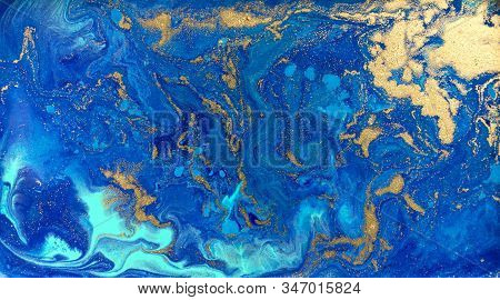 Marbled Blue And Gold Abstract Background. Liquid Marble Pattern.