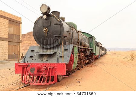 Steam Locomotive And Train Wagons At Hejaz Railway Station Near Wadi Rum, Jordan