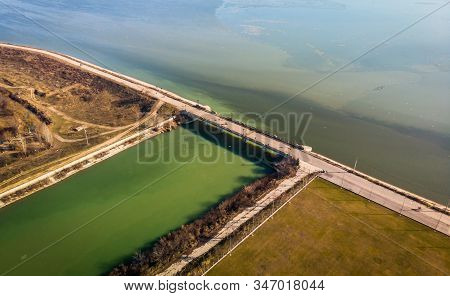 Aerial Photo Of The Old Bridge Dambovita Between Dambovita River And Morii Lake , Bucharest, Romania