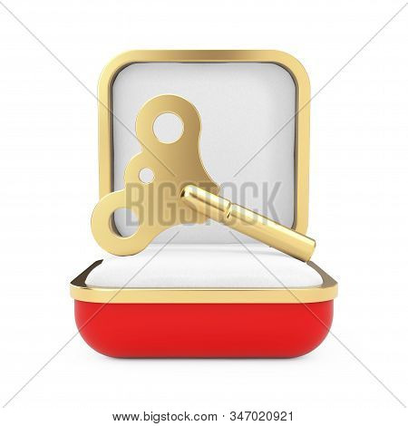 Golden Windup Key In The Red Gift Box On A White Background. 3d Rendering