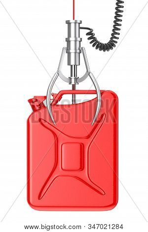 Winner Concept. Red Metal Jerrican With Free Space For Yours Design In Chrome Robotic Claw On A Whit