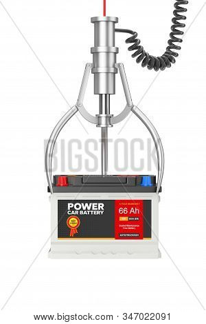 Winner Concept. Rechargeable Car Battery 12v Accumulator With Abstract Label In Chrome Robotic Claw 