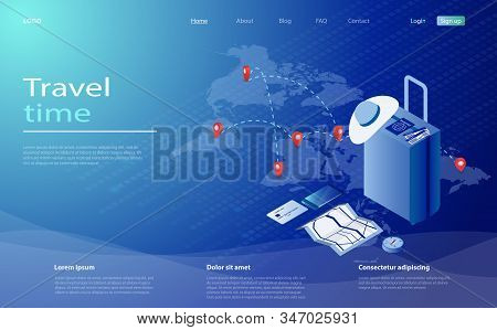 Travel And Tourism Booking Concept. Travel Equipment, Passport, Tickets And Luggage On A Background 