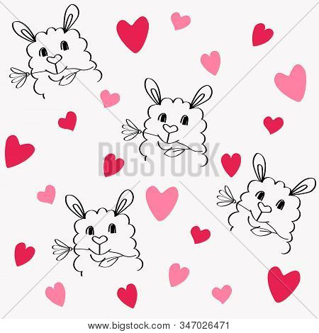 Cute Llama And Red And Pink Hearts Seamless Pattern For Valentines Day Or For Baby Prints. Cute Hand
