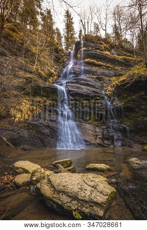 The Beautiful Uguna Waterfall In The Gorbea Natural Park, Bizkaia. Basque Country