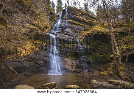 The Hidden Uguna Waterfall In The Natural Park Of Gorbea, Bizkaia. Basque Country