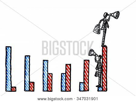 Freehand Drawing Of One Business Man Standing On Highest Point Of His Growth Chart Looking Ahead Thr