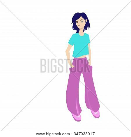 A Girl With A Contemptuously Narrowed Eye, Hands In Pockets, Dismissive Pose Of A Bully. Cartoon Cha