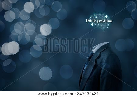 Coach Motivate To Think Positive Concept. Businessman, Plus Signs In Shape Of Brain And Text Think P