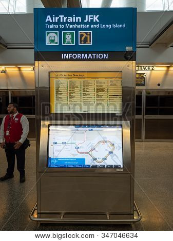 New York, Usa - June 2, 2019: Information Panels On The Train Platform In Terminal 4 Of Jfk Towards 