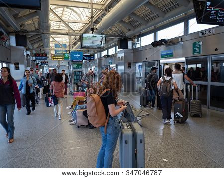 New York, Usa - June 2, 2019: The Platform Of The Airtrain In Jamaica Station Towards Jfk Airport.