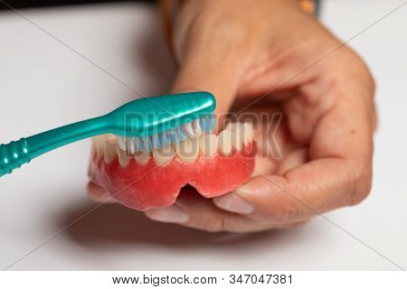 Closeup Of Cleaning Denture Or Dental Prothesis With Toothbrush