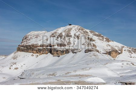 Sella Stock Piz Boe Italy Dolomites Sunset Panoramic View Blue Sky Winter Mountains Landscape Wolken