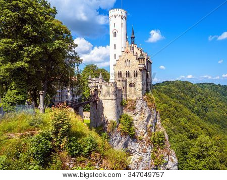Lichtenstein Castle In Summer, Baden-wurttemberg, Germany. This Famous Castle Is A Landmark Of Germa