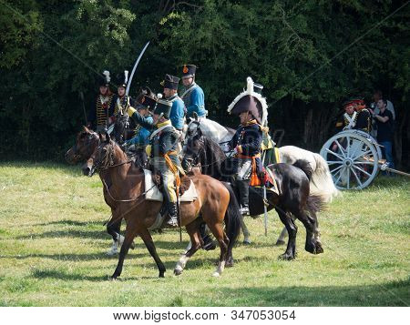 Waterloo, Belgium - June 18 2017: A Cavalry Charge During The Re-enactment Of The Battle At Waterloo