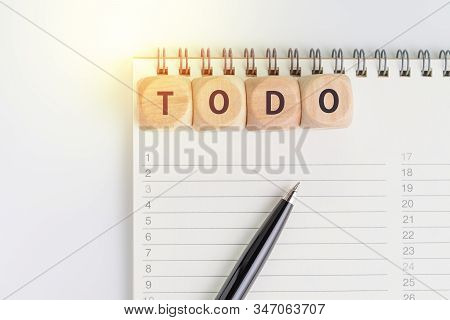 Pen On Blank Check List Notebook With Wooden Cube Block Combine Word Todo Using As To-do List, Busin
