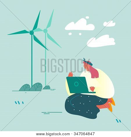 Woman With Laptop Sitting On Ground Near Windmills Analysing Worldwide Situation, Reading News Of Gl