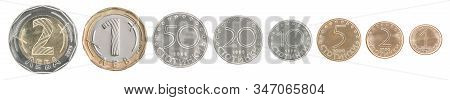 Complete Set Of Bulgarian Coins In A Row Isolated On White Background.