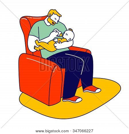 Dad Feed Son With Bottle, Holding Baby On Hands. Single Father Raising Child. Little Boy Having Brea
