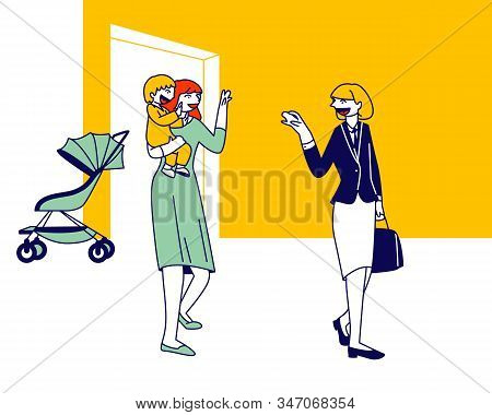 Young Woman Mother Waving Hand Saying Good Bye To Babysitter Holding Her Baby On Hands. Private Kind