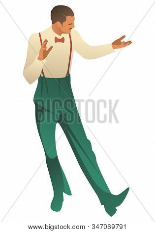 Elegant Man Wearing Vintage Style Clothes Dancing Retro Dance Isolated On White Background