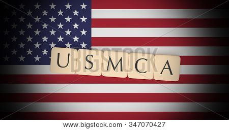 United States-mexico-canada Agreement: Letter Tiles Usmca On Us Flag, 3d Illustration
