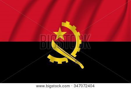 Flag Of Angola. Realistic Waving Flag Of Republic Of Angola. Fabric Textured Flowing Flag Of Angola.