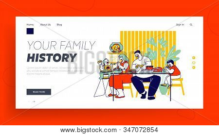 Family Unhealthy Eating Website Landing Page. Fatty Mom, Dad And Children Sitting At Table With Plen