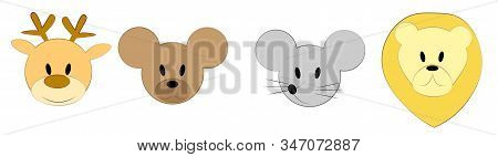 Set Of Vector Faces Of Animals. Cartoon Icons Of Domestic Pets. Isolated Animal Faces On White Backg