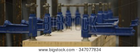New Metallic Utilities Used On Carpentry Workbench For Wood Crafting Works In Big Rusty Workshop Ope