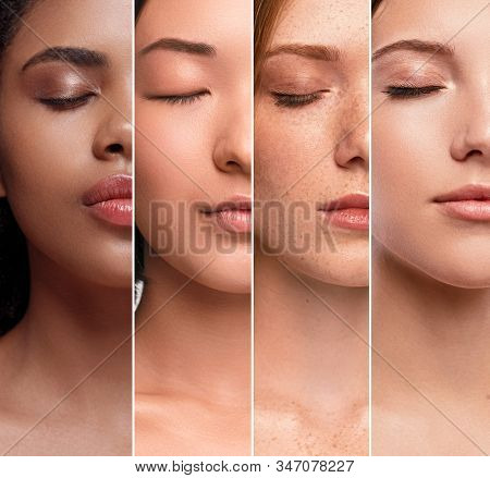 Collage Of Crop Faces Of Attractive Multiracial Models With Closed Eyes And Clean Skin