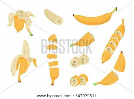 Cartoon Banana. Healthy Tropical Fruit, Banana Peel, Single And Peeled Design Clip Art Elements. Vec