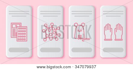 Set Line Pills In Blister Pack, Bacteria, Rat And Rubber Gloves. White Rectangle Button. Vector