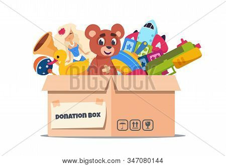 Donation Toy Box. Cardboard Containers With Social Care And Support For Pure Kids On White. Vector V